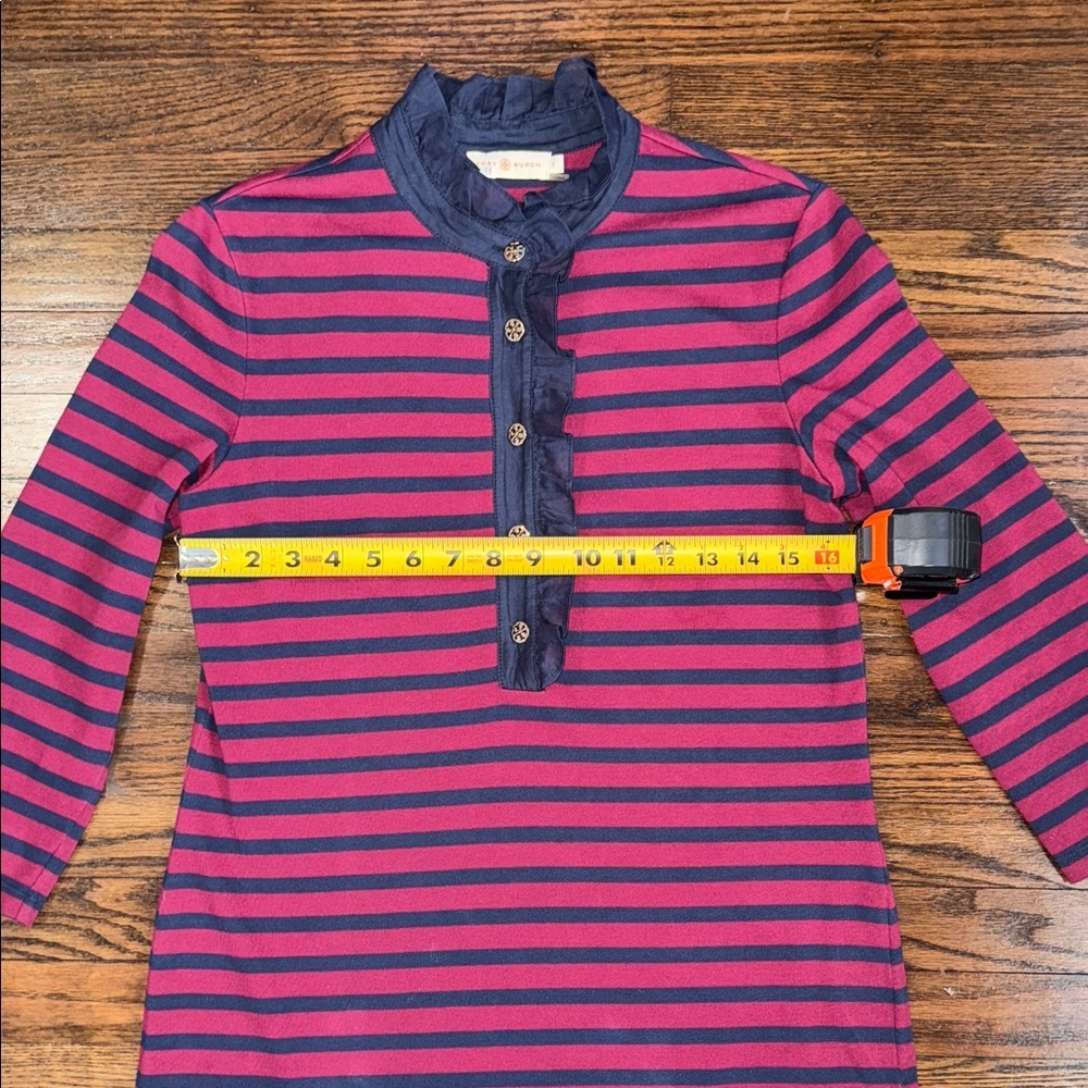 Tory Burch Striped Cotton Shift Dress Red Navy Ruffle Neck Logo Buttons Size S - Picture 9 of 11